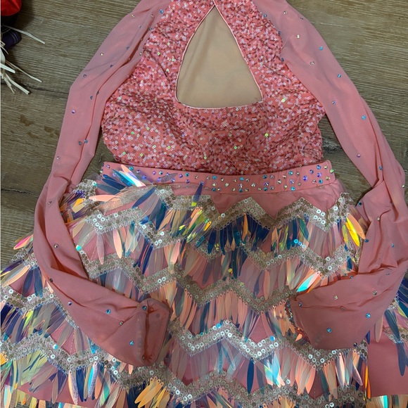 Pink and Blue Sequin Crop Top and Skirt Dance Costume - Picture 3 of 4